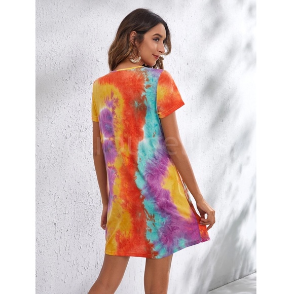 Bright Tie Dye Print Mini Tee Shirt Dress Short Sleeve Orange Yellow A-Line - Picture 2 of 7